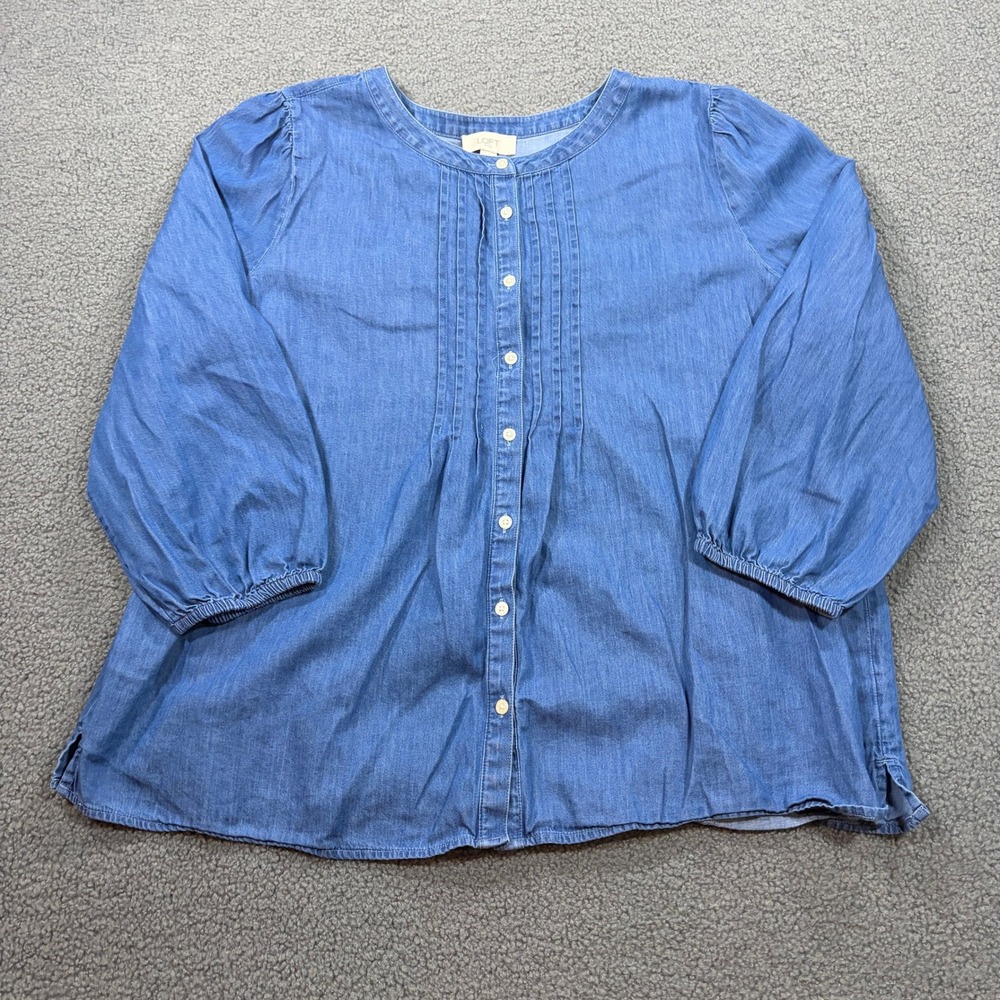 LOFT Blouse Women XL Blue Denim Chambray Pintuck Balloon Sleeve 575127 Casual